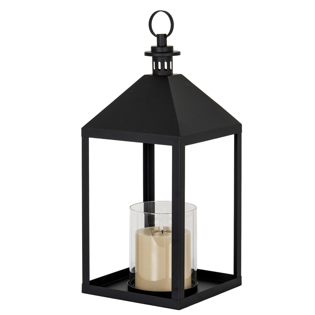 Astra Large Lantern With Glass Candle Holder - BLACK