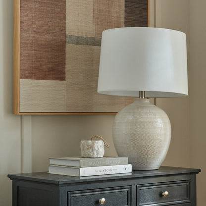 Chevronne Ceramic Table Lamp With Linen Shade - WHITE