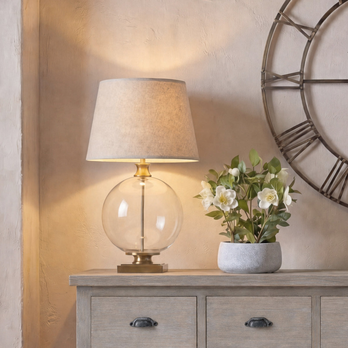 Lunel Glass Orb Table Lamp With Edged Linen Shade - BRASS