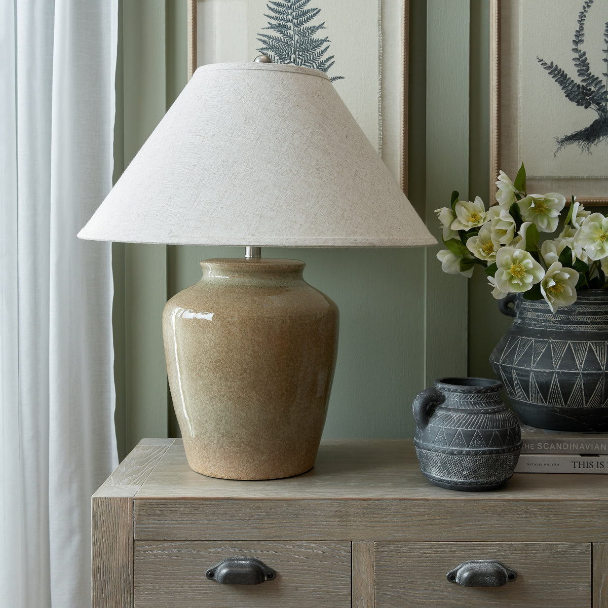 Mottura Ceramic Table Lamp With Edged Linen Shade - GREEN