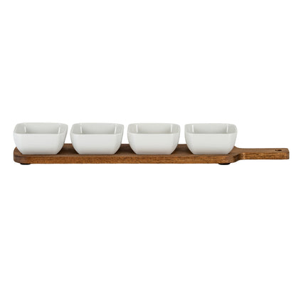 Acacia Serving Board including Four Ceramic Serving Bowls - BROWN