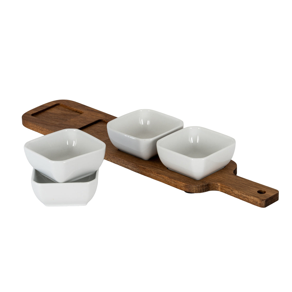 Acacia Serving Board including Four Ceramic Serving Bowls - BROWN
