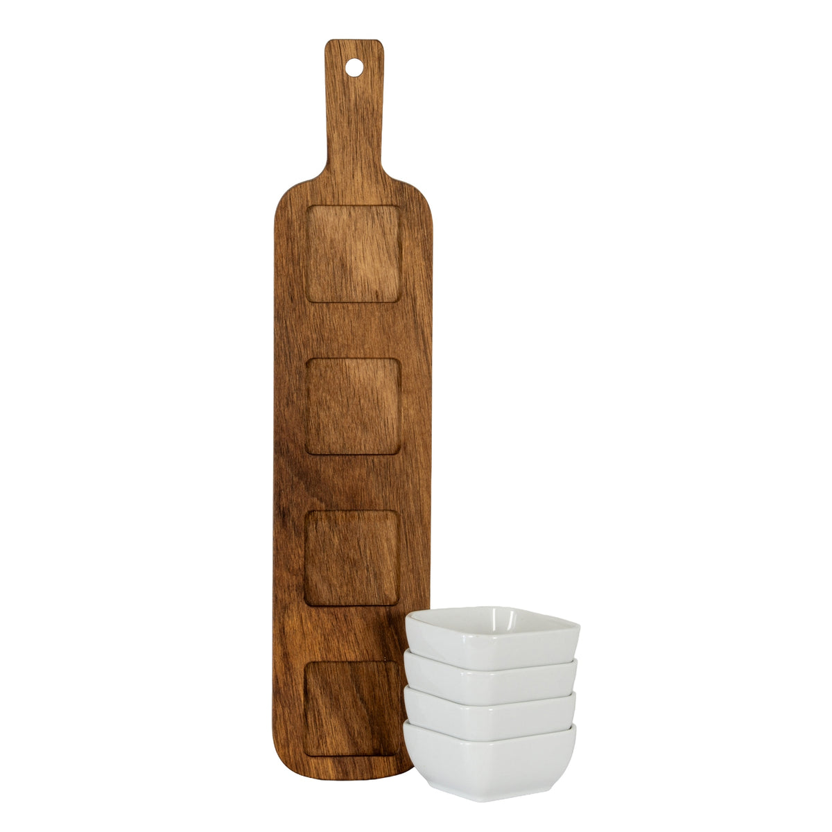 Acacia Serving Board including Four Ceramic Serving Bowls - BROWN