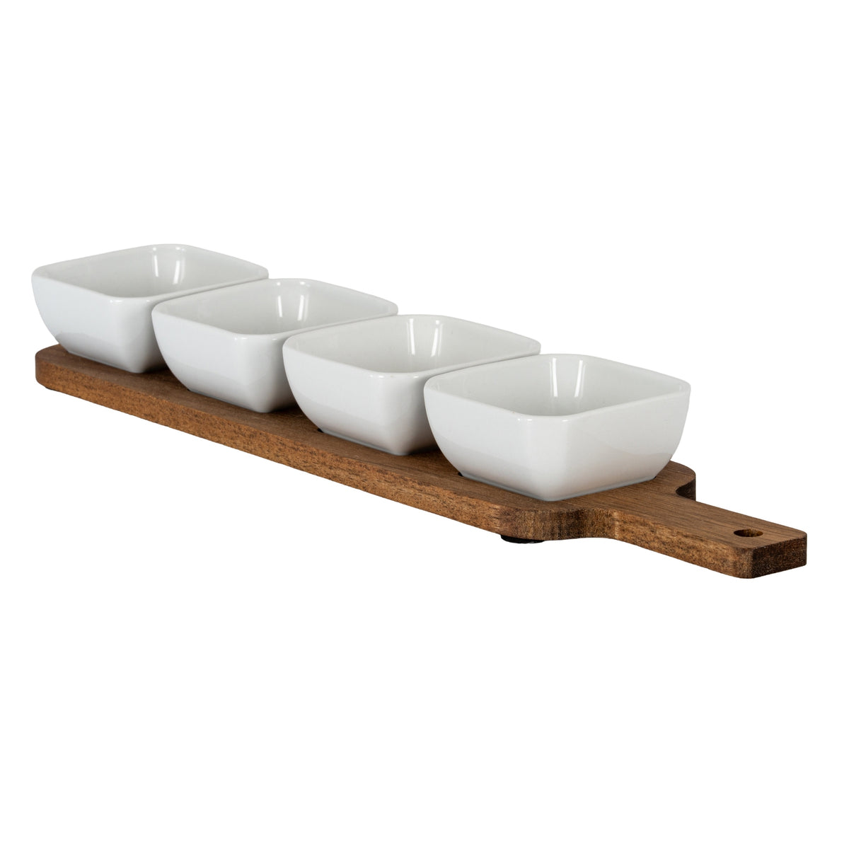 Acacia Serving Board including Four Ceramic Serving Bowls - BROWN