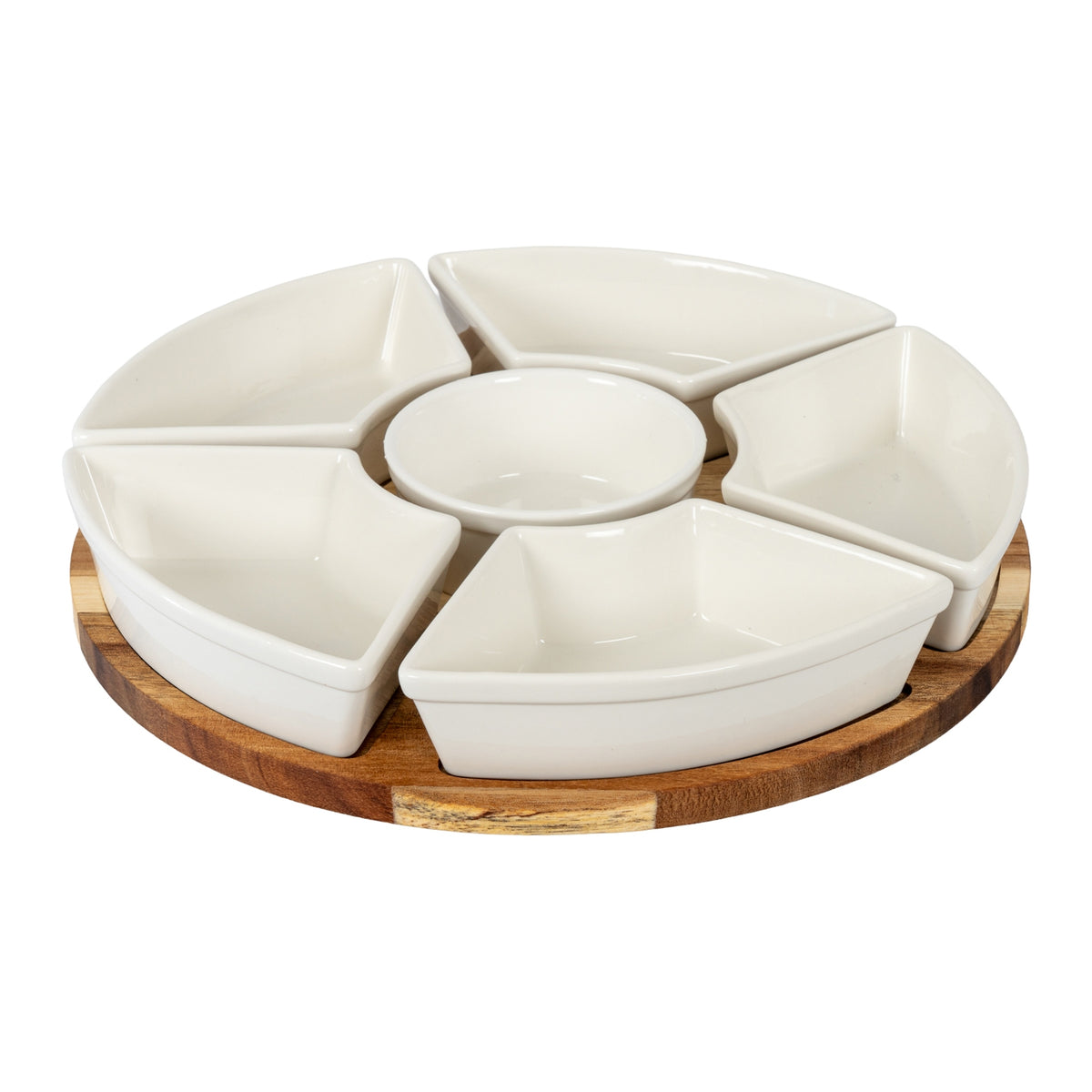 Acacia Lazy Susan including Ceramic Serving Bowls - BROWN