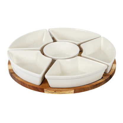 Acacia Lazy Susan including Ceramic Serving Bowls - BROWN