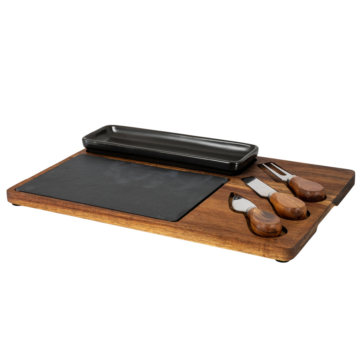 Acacia Cheese Board Set With Black Bowl, Slate and Cutlery - BROWN