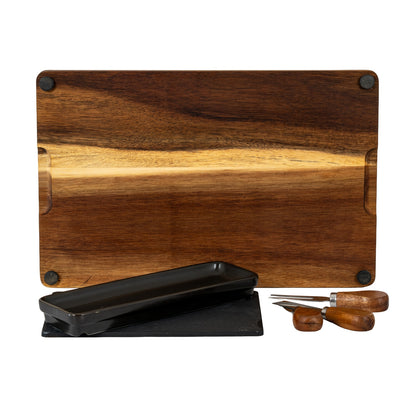 Acacia Cheese Board Set With Black Bowl, Slate and Cutlery - BROWN