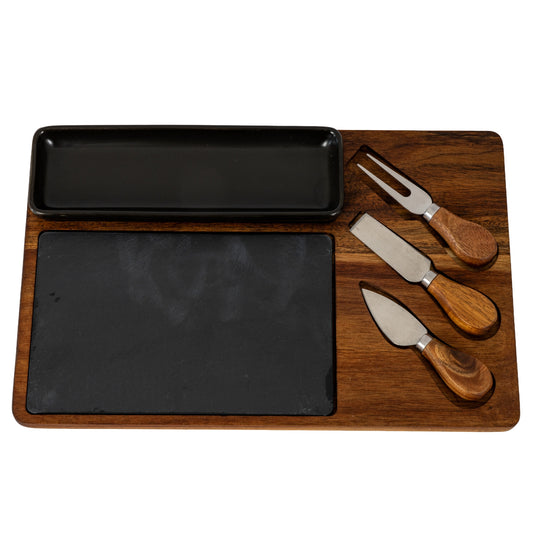 Acacia Cheese Board Set With Black Bowl, Slate and Cutlery - BROWN