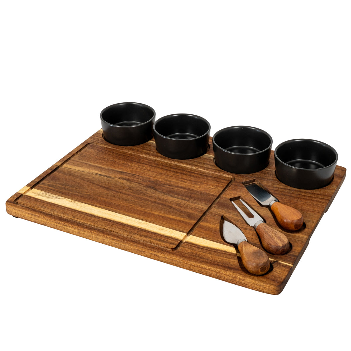Acacia Cheese Board Set With Grey Ceramic Bowls and Cutlery - BROWN