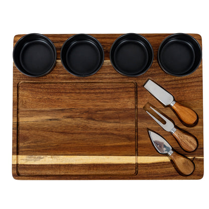 Acacia Cheese Board Set With Grey Ceramic Bowls and Cutlery - BROWN