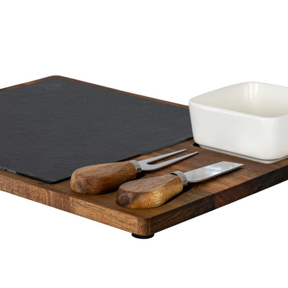 Acacia Cheese Board Set With White Bowl, Slate and Cutlery - BROWN