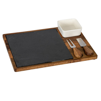 Acacia Cheese Board Set With White Bowl, Slate and Cutlery - BROWN