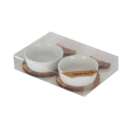 Set Of 2 Acacia Fishtail Serving Trays with Ceramic Bowls - BROWN
