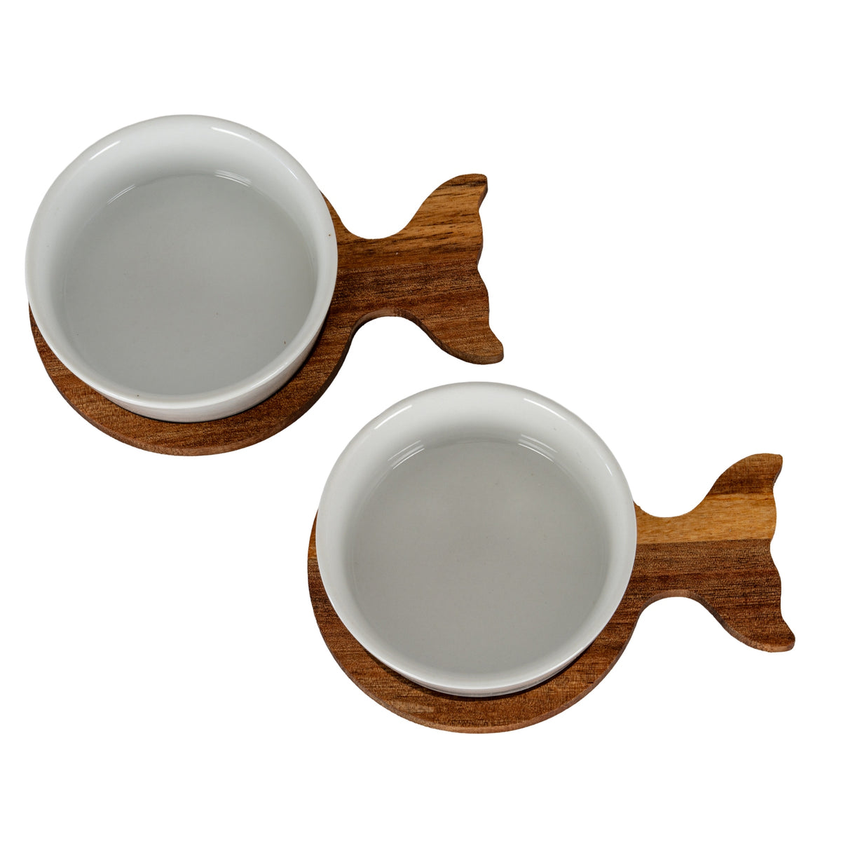 Set Of 2 Acacia Fishtail Serving Trays with Ceramic Bowls - BROWN
