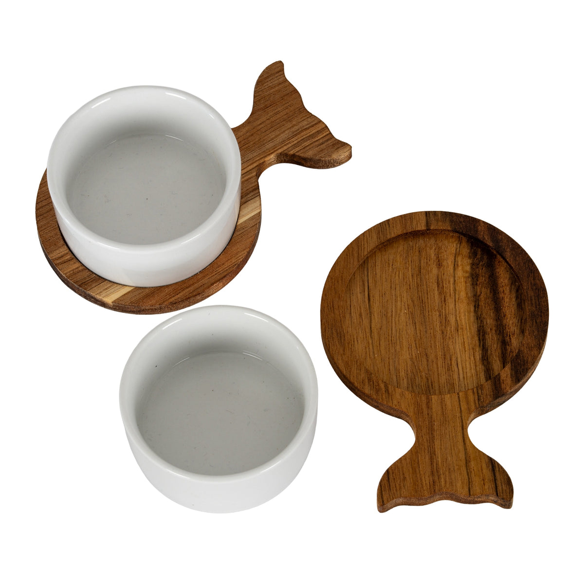 Set Of 2 Acacia Fishtail Serving Trays with Ceramic Bowls - BROWN