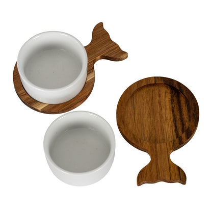 Set Of 2 Acacia Fishtail Serving Trays with Ceramic Bowls - BROWN