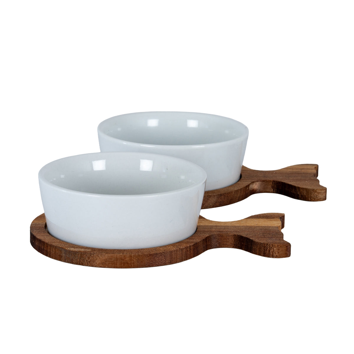 Set Of 2 Acacia Fishtail Serving Trays with Ceramic Bowls - BROWN