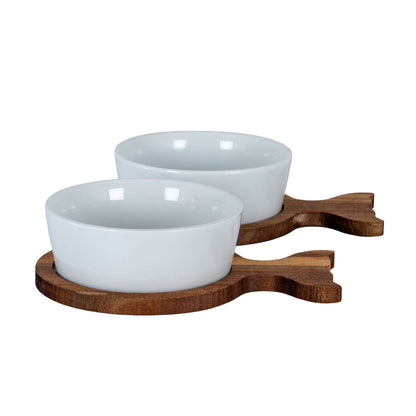 Set Of 2 Acacia Fishtail Serving Trays with Ceramic Bowls - BROWN