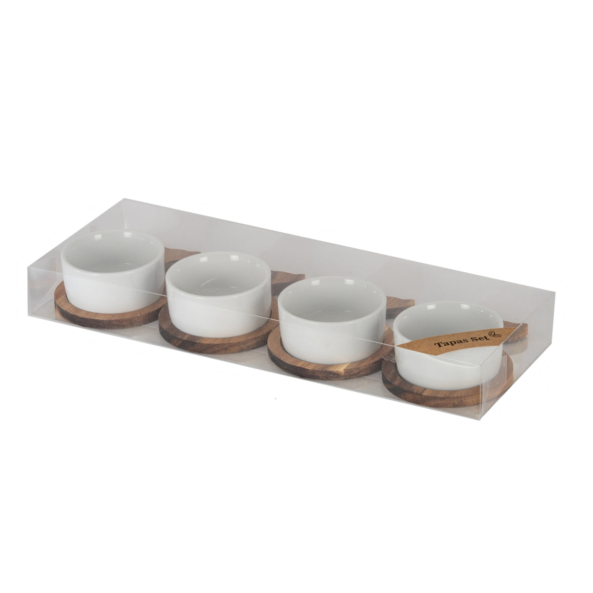 Set Of 4 Acacia Fishtail Serving Trays with Ceramic Bowls - BROWN