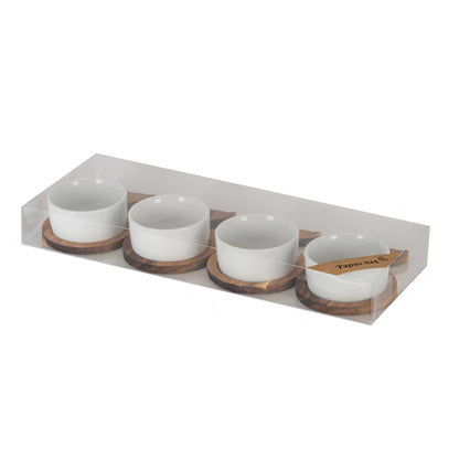 Set Of 4 Acacia Fishtail Serving Trays with Ceramic Bowls - BROWN