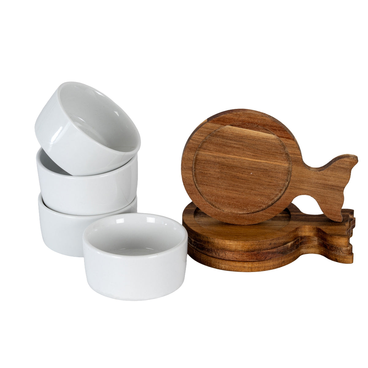 Set Of 4 Acacia Fishtail Serving Trays with Ceramic Bowls - BROWN