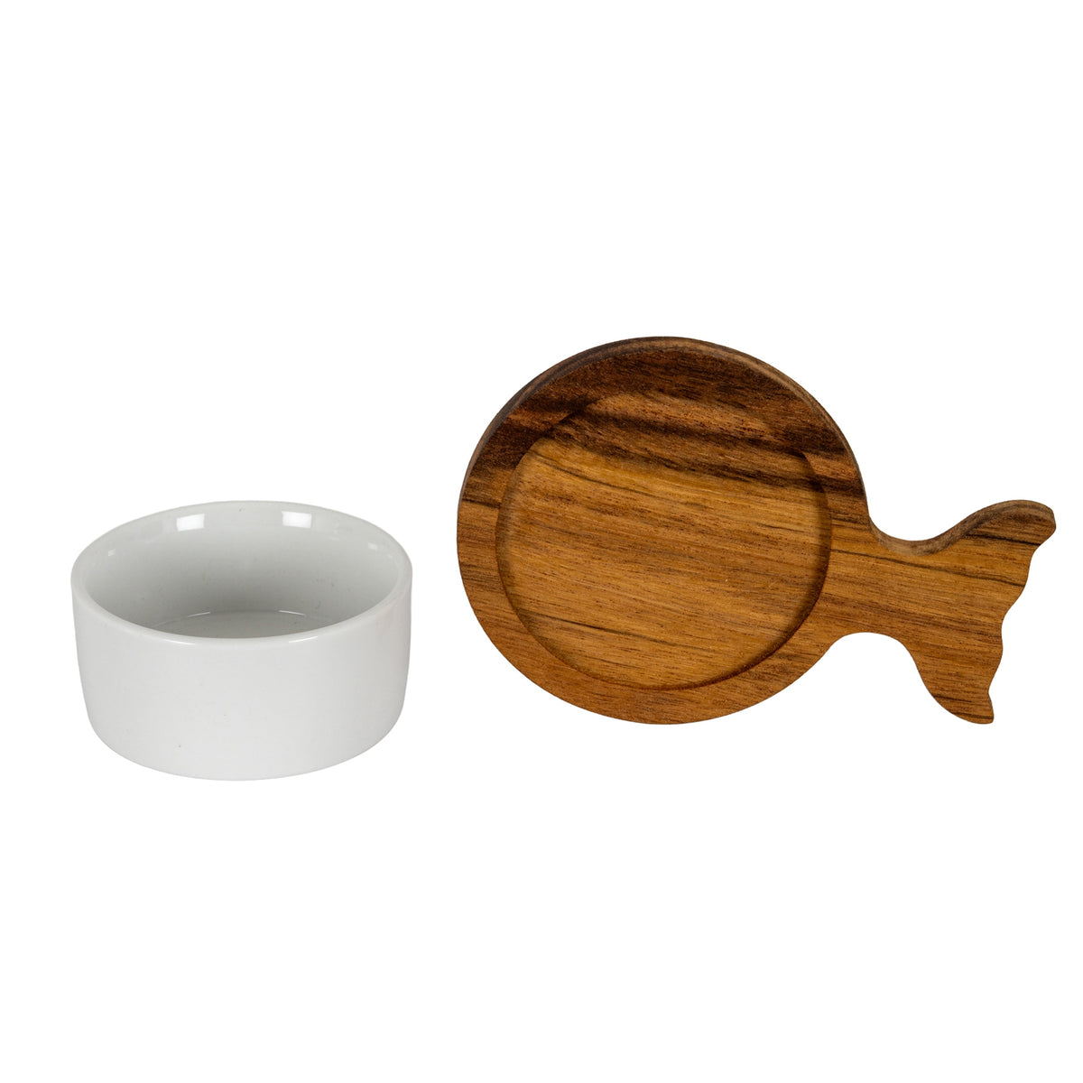 Set Of 4 Acacia Fishtail Serving Trays with Ceramic Bowls - BROWN