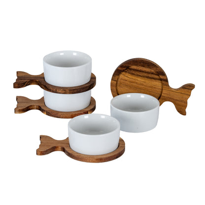 Set Of 4 Acacia Fishtail Serving Trays with Ceramic Bowls - BROWN