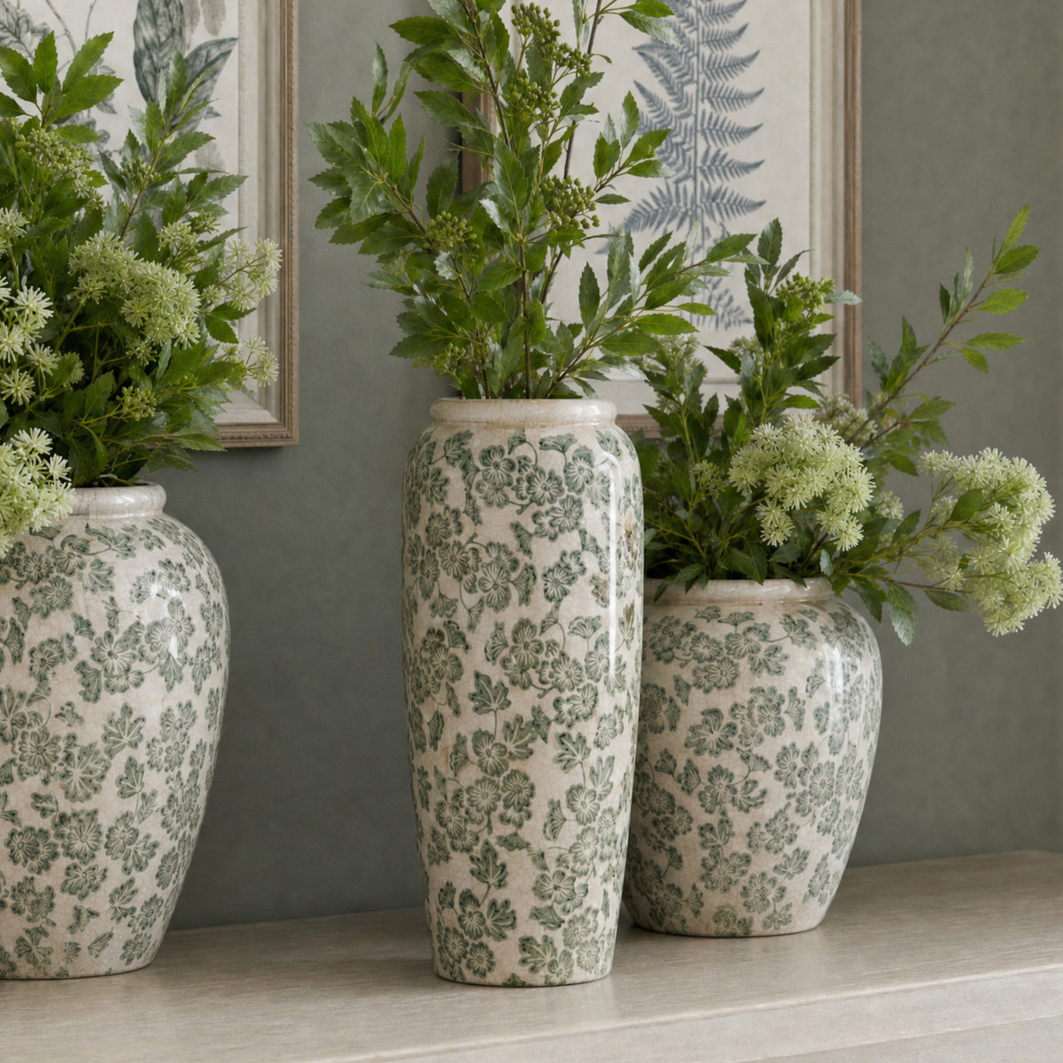 Large Green Clover Tall Olpe Vase - WHITE