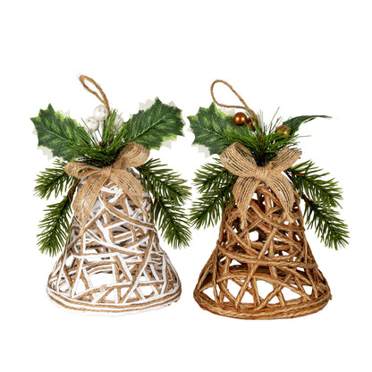 Natural Rattan Bell Decoration With Branches And Ribbon - BROWN
