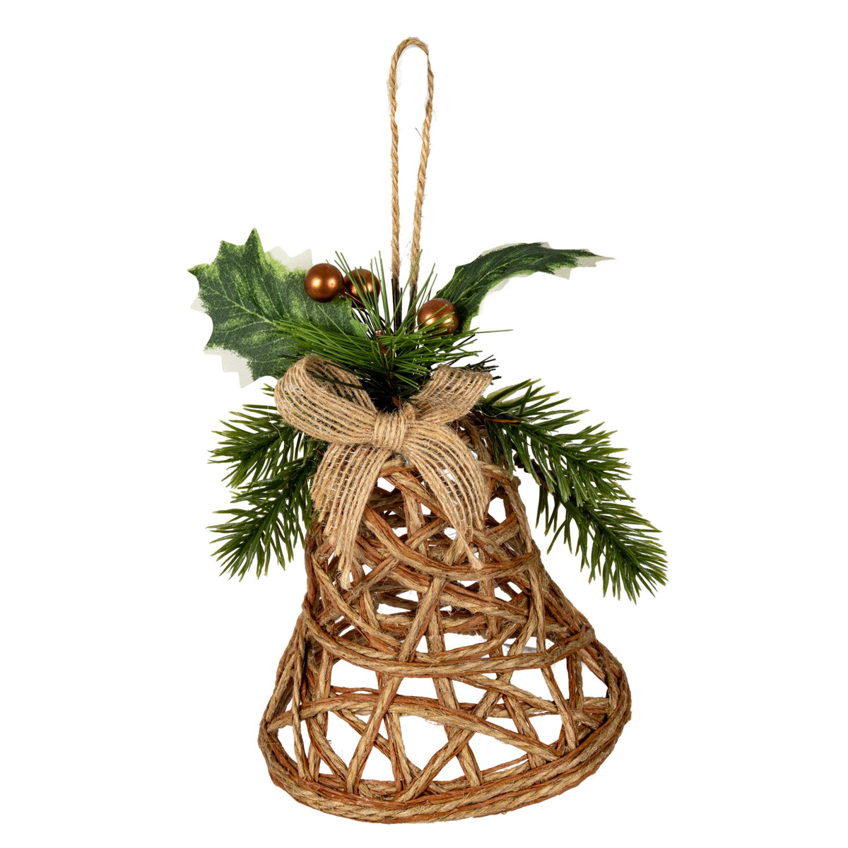 Natural Rattan Bell Decoration With Branches And Ribbon - BROWN