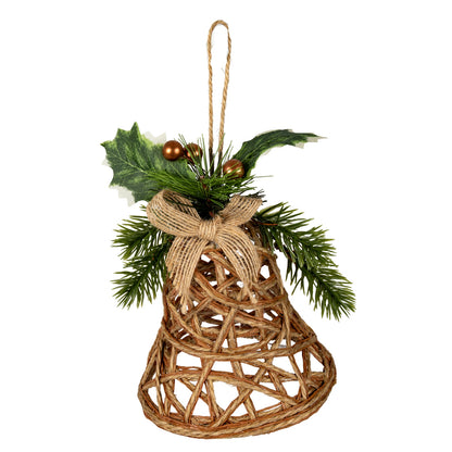 Natural Rattan Bell Decoration With Branches And Ribbon - BROWN