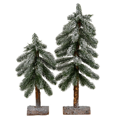 Small Snowy Pine Tree On Wooden Stand - GREEN