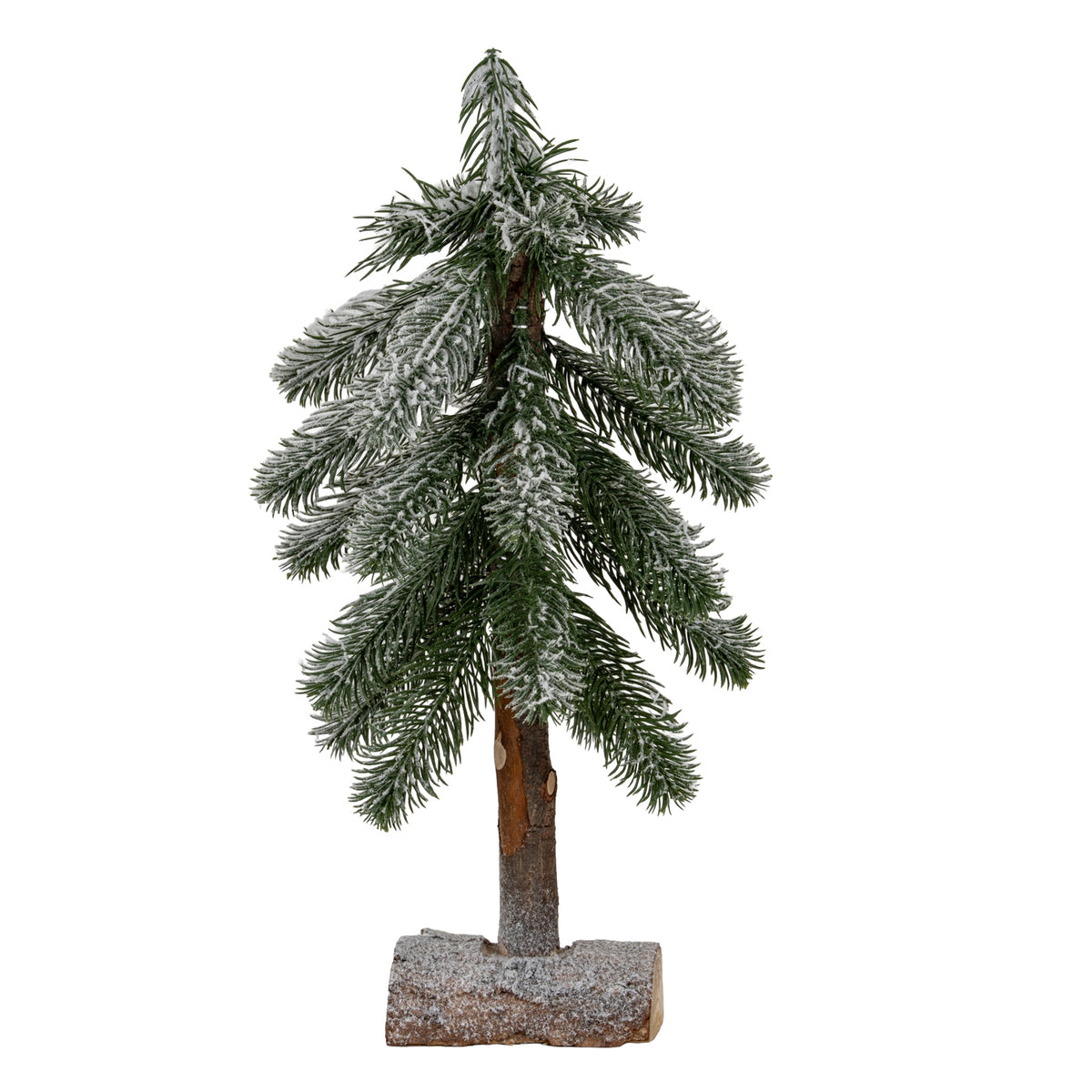 Small Snowy Pine Tree On Wooden Stand - GREEN