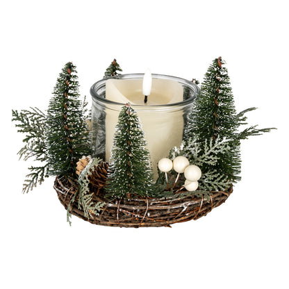 Medium Brush Tree Candle Wreath With Berries And Pinecones - GREEN