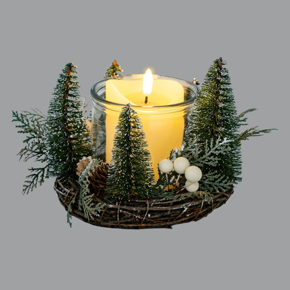 Medium Brush Tree Candle Wreath With Berries And Pinecones - GREEN