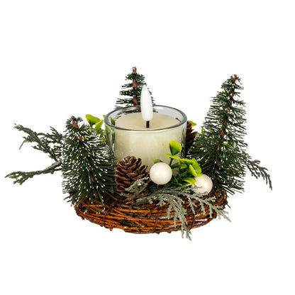 Small Brush Tree Candle Wreath With Berries And Pinecones - GREEN