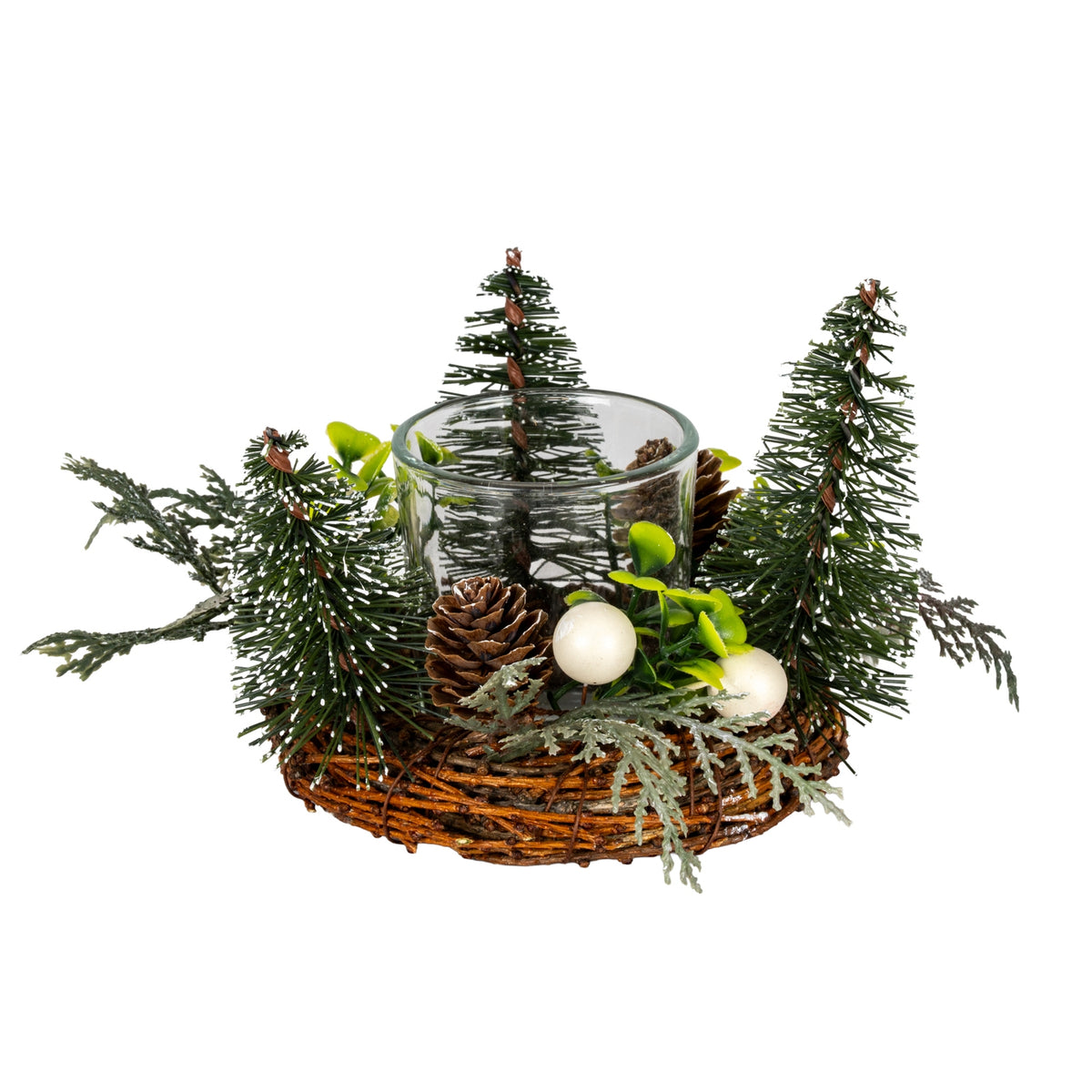 Small Brush Tree Candle Wreath With Berries And Pinecones - GREEN