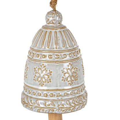 Large Ceramic Bell Tree Ornament With Snowflake Detail - WHITE