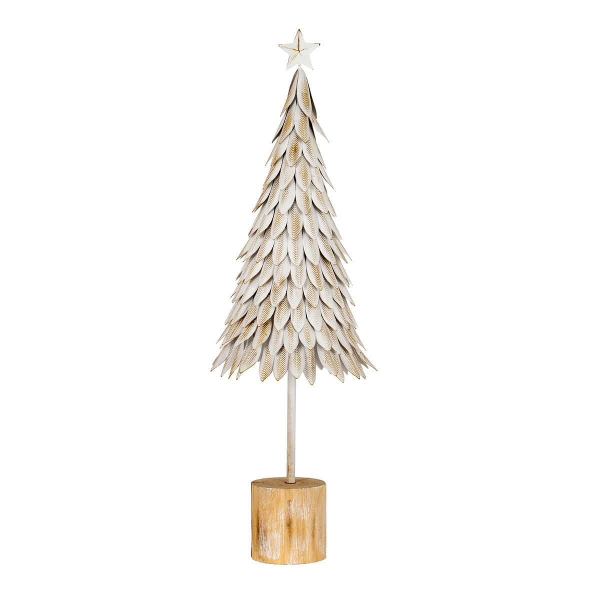 Medium White Metal Christmas Tree on Wooden Stand - BROWN