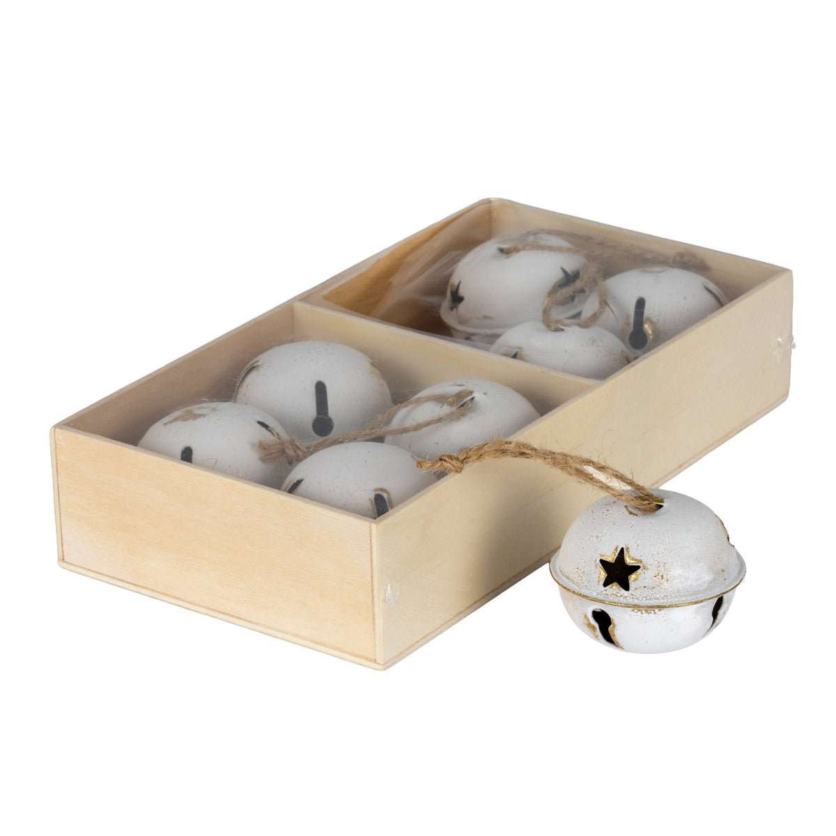 Eight Large Metal Nordic Bells in Wooden Box - WHITE