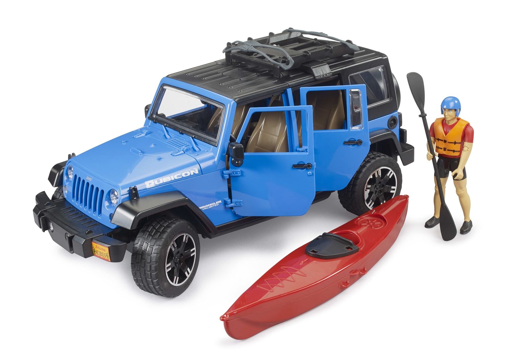 Jeep Wrangler Rubicon Unlimited with kayak and kayaker