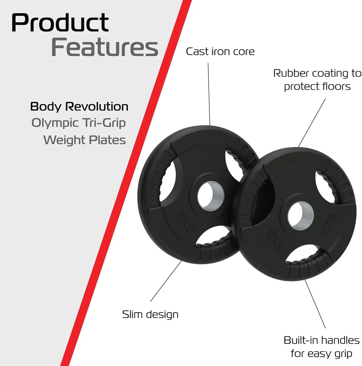 2 x 10kg Olympic Tri-Grip Rubber Weight Black Plates