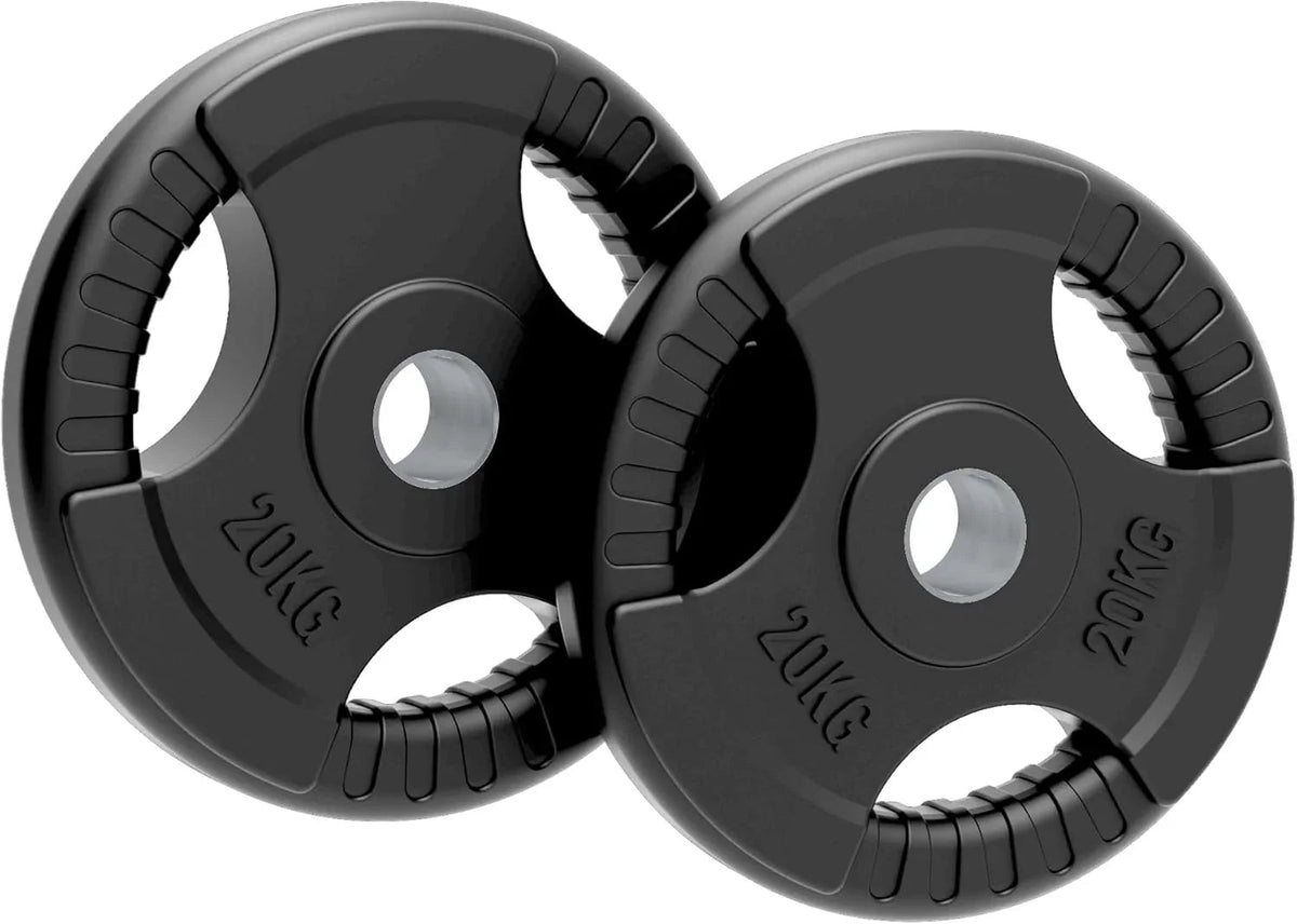 2 x 20kg Olympic Tri-Grip Rubber Weight Black Plates