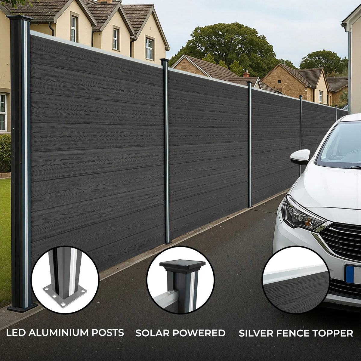 Composite Fence Panel & LED Posts 6ft x 6ft - Grey
