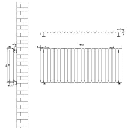 Oval Single Column Radiator & Valves – 600mm x 1440mm – Black