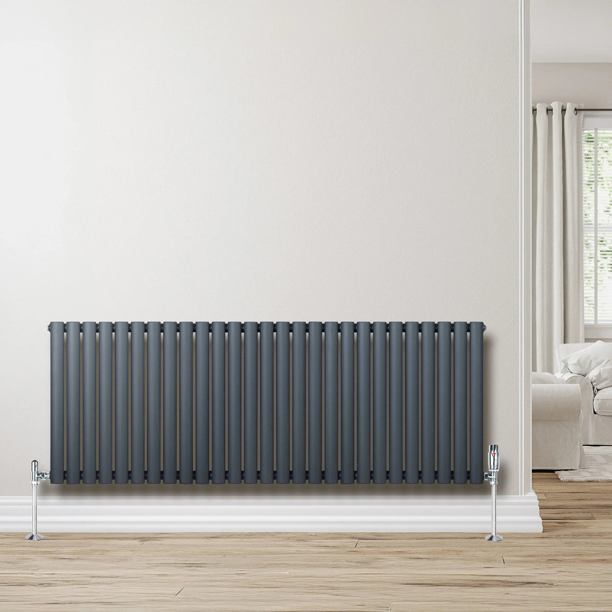 Oval Single Column Radiator & Valves – 600mm x 1620mm – Anthracite Grey