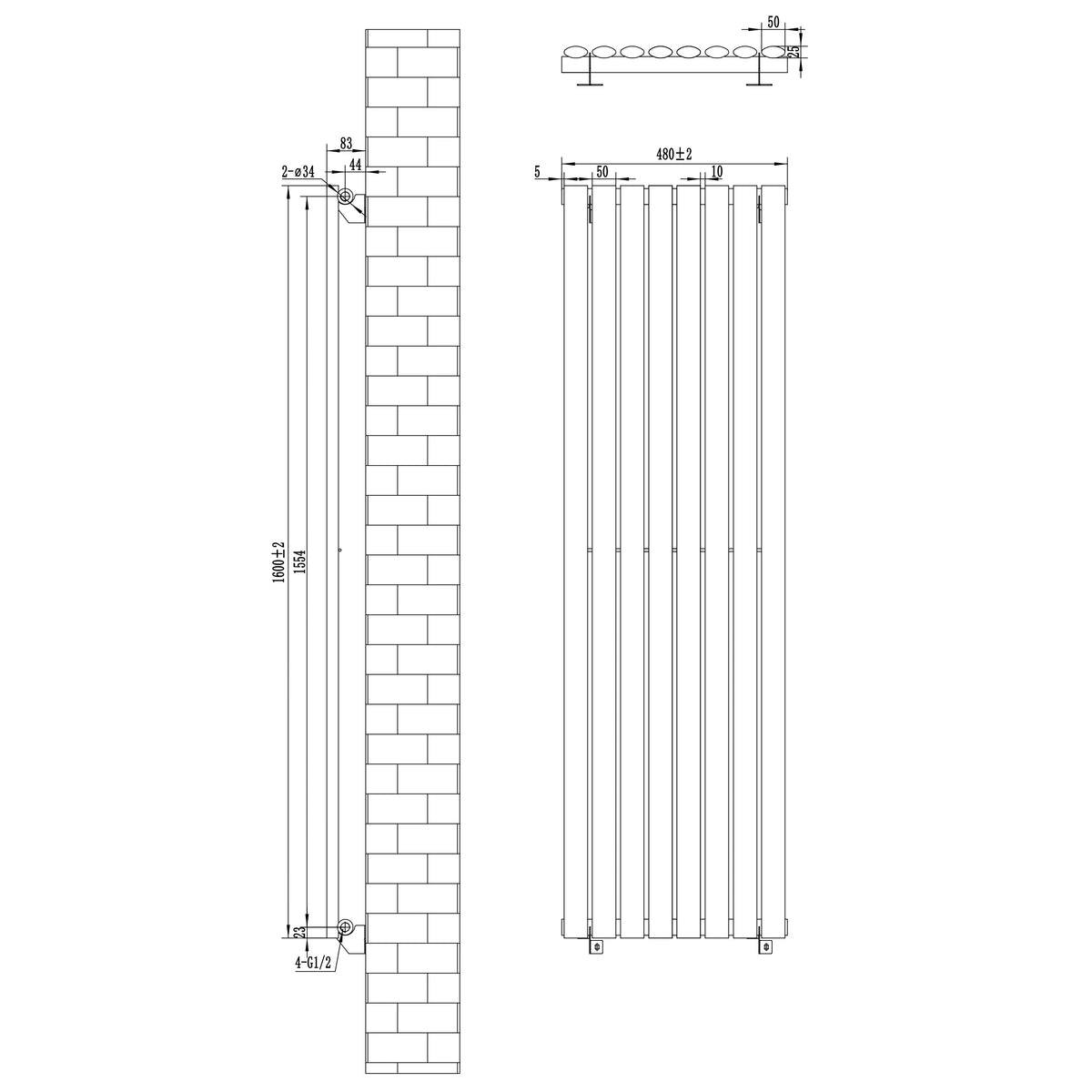 Oval Single Column Radiator & Valves – 1600mm x 480mm – Black