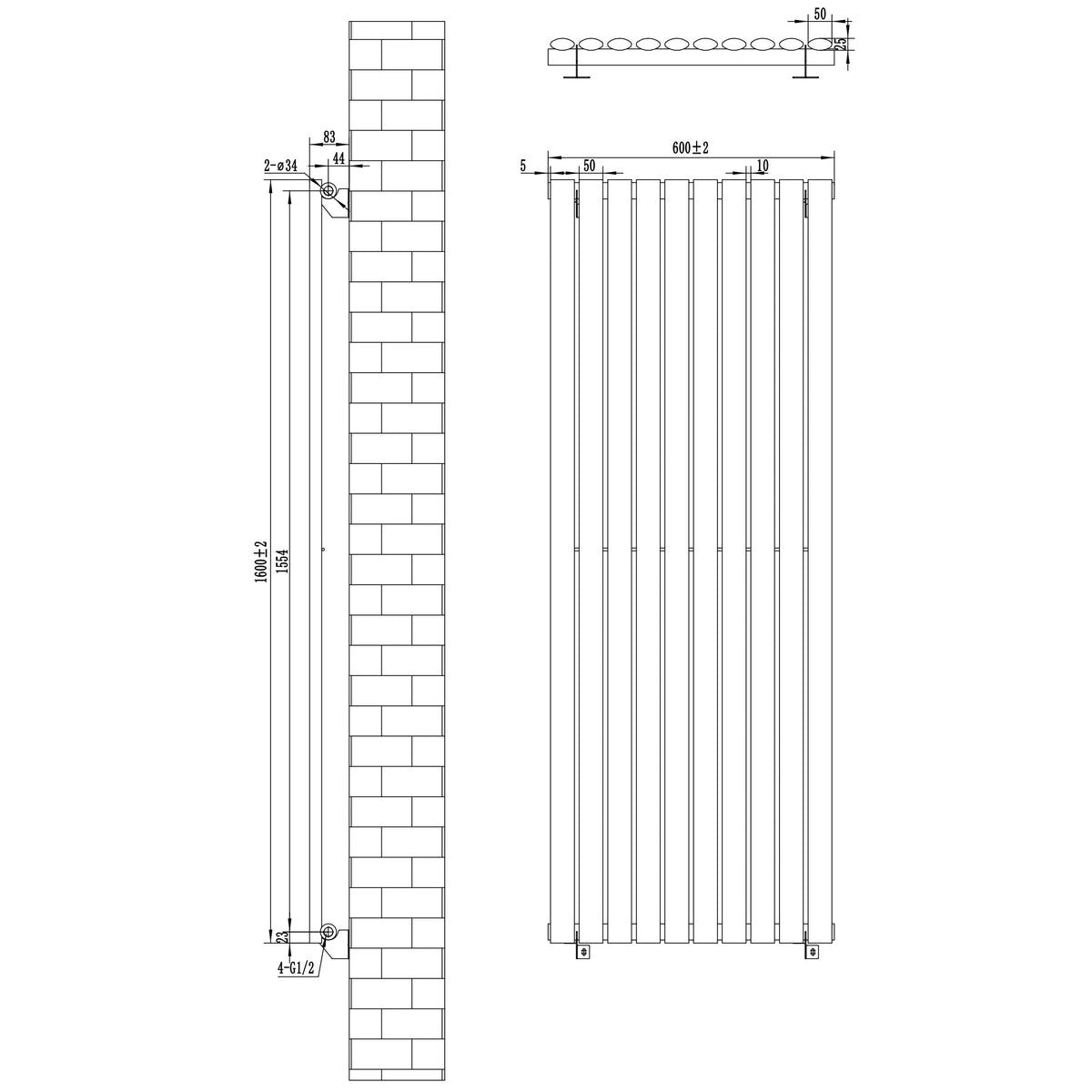 Oval Single Column Radiator & Valves – 1600mm x 600mm – Black