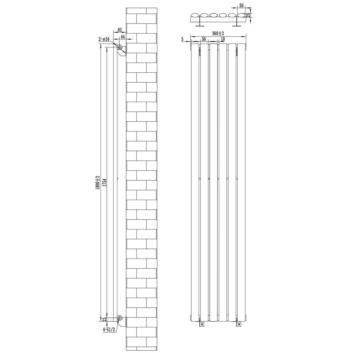 Oval Single Column Radiator & Valves – 1800mm x 360mm – White